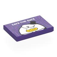 Lego Tile 2 x 3 with White 'SAVE THE DATE', White Duck, Black Top Hat Print / Dark Purple