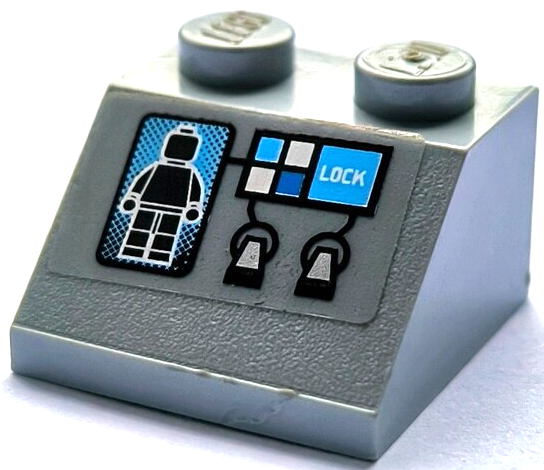 Lego Slope 45 2 x 2 with Black Minifigure Screen Image, Buttons and 'LOCK' on Transparent Background Pattern (Sticker) - Set 70724