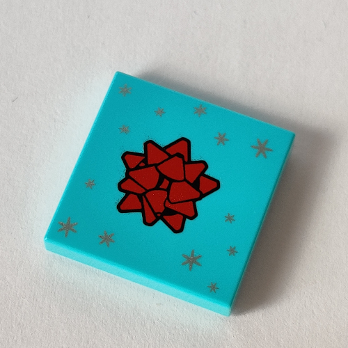 Lego Tile 2 x 2 with Red Ribbon, Silver Stars print / Medium Azure