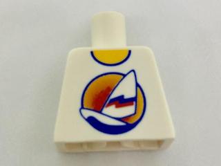 Lego Torso Shirt with Long Surfboard with Sail on Blue Water in Circle Sunset Logo, Yellow Neck Pattern, Inside with Ribs (Reissue) / White