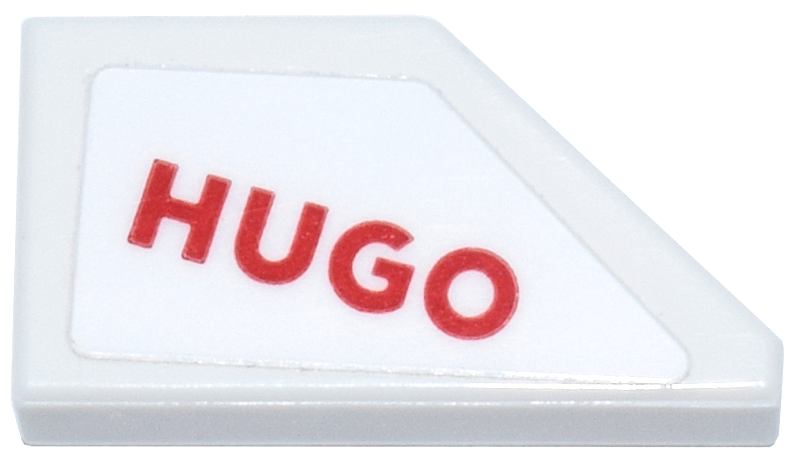 Lego Tile, Modified 1 x 2 Wedge Left with Red 'HUGO' Logo Pattern (Sticker) - Set 77246 / White