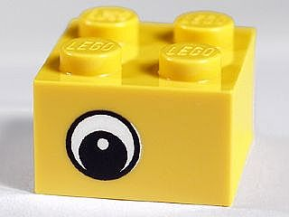 Lego Brick 2 x 2 with Black and White Eye Offset with Dot in Pupil Pattern on Opposite Sides / Yellow