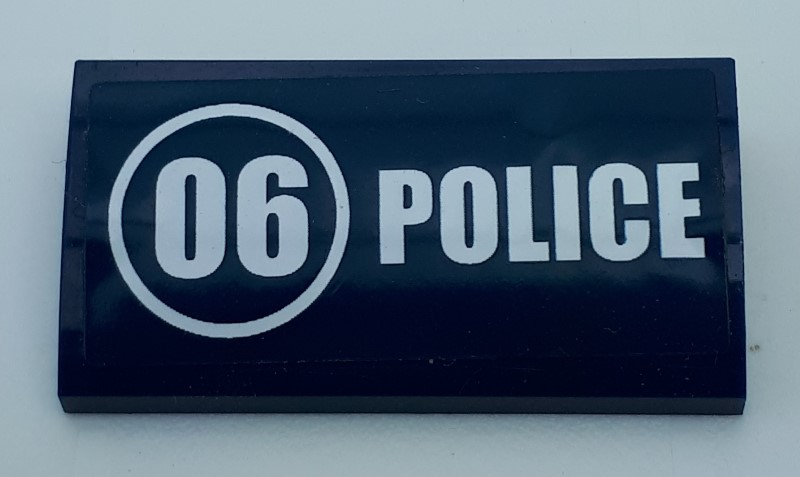 Lego Slope, Curved 2 x 4 x 2/3 with Bottom Tubes with White '06' in Circle and 'POLICE' Pattern (Sticker) - Set 60071 / Dark Blue