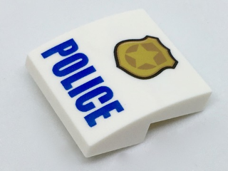 Lego Slope, Curved 2 x 2 x 2/3 with Gold Badge and Blue 'POLICE' Pattern / White