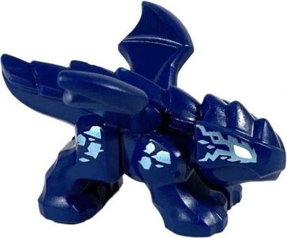 Lego Dragon, Baby with 4 Feet and Open Wings with White Eyes and Bright Light Blue Electric Eye Outline and Scales Pattern (Riyu) / Dark Blue