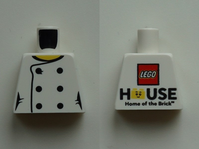 Lego Torso Female Chef with 6 Black Buttons and Yellow Neck, 'LEGO HOUSE Home of the Brick' on Back Pattern / White