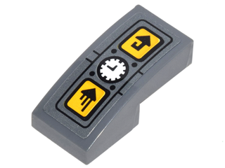 Lego Slope, Curved 2 x 1 x 2/3 with Panel with White Clock, and 2 Yellow Boxes with Arrows Pattern (Sticker) - Set 70626 / Dark Bluish Gray