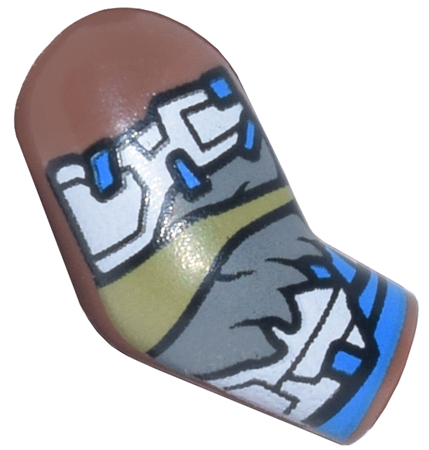 Lego Arm, Right with White Armor Plates, Dark Bluish Gray Fur Trim, Olive Green and Blue Wrappings Pattern / Medium Brown