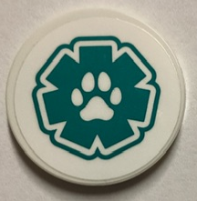 Lego Tile, Round 3 x 3 with Paw Print on Dark Turquoise EMT Star of Life Pattern (Sticker) - Set 60380 / White