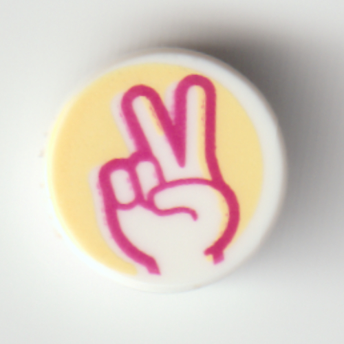 Lego Tile Round 1 x 1 with Magenta/White Hand with Peace Sign Fingers on Bright Light Yellow Background Print / White