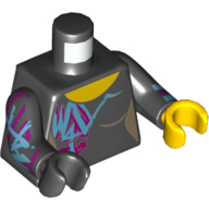 Lego Torso, Odd Hands, Magenta and Medium Azure Markings Print, Black Arms with Wyldstyle Cuff and Magenta and Azure Markings Print, Left Yellow Hand, Right Black Hand / Black