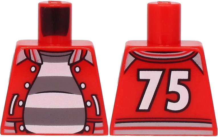 Lego Torso Open Jacket with White Buttons and '75' on Back over Dark Bluish Gray and White Striped Shirt Pattern / Red