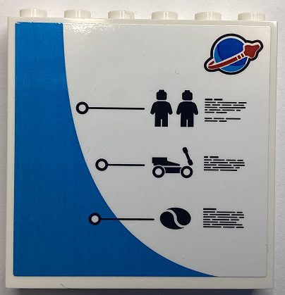 Lego Panel 1 x 6 x 5 with Blue and Red Classic Space Logo, 2 Black Minifigure Silhouettes, Rover, Octan Logo, Writing and Dark Azure Curved Corner Pattern (Sticker) - Set 60351 / White