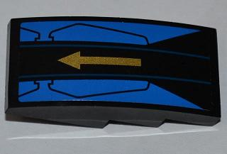 Lego Slope, Curved 4 x 2 with Gold Arrow on Black and Blue Background Pattern (Sticker) - Set 9442