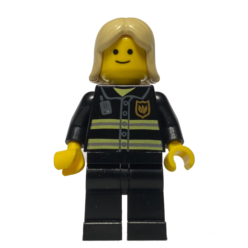 Lego Fire Fighter, Black Torso, Black Legs, Tan Hair