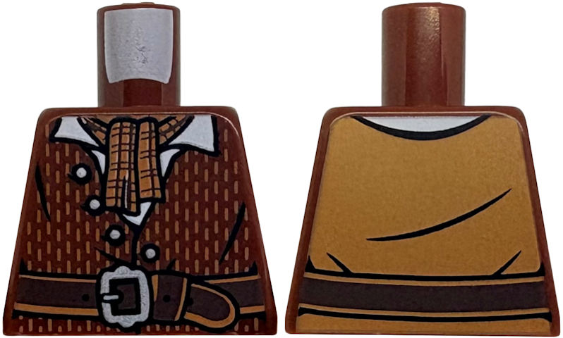 Lego Torso Vest with Dashed Lines, 4 Buttons over White Shirt, Dark Brown Belt with Silver Buckle, Medium Nougat Plaid Scarf Pattern / Reddish Brown