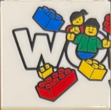 Lego Tile 2 x 2 with LEGO World Logo Left Half, 'WO', Minifigures and Bricks Pattern / White