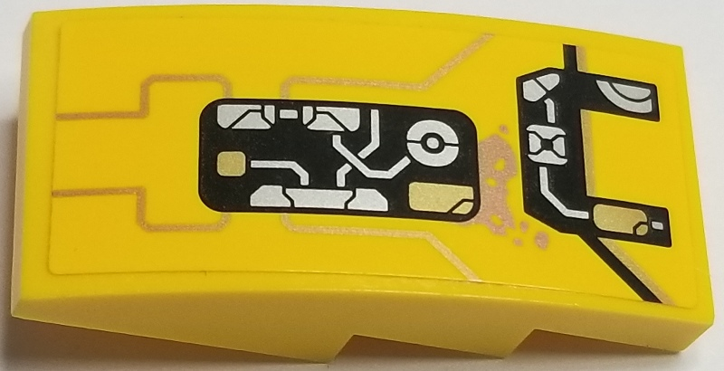 Lego Slope, Curved 4 x 2 with Gold Lines and Open Machinery Panels and Dirt Smudge Pattern Model Right Side (Sticker) - Set 76080 / Yellow