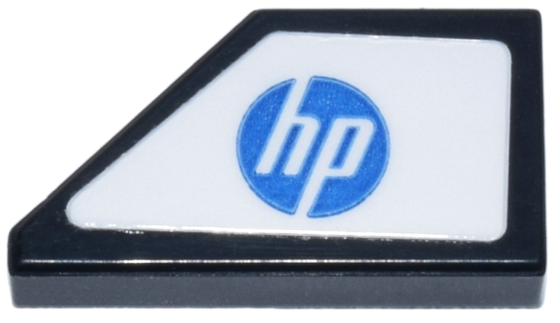 Lego Tile, Modified 1 x 2 Wedge Right with Blue Circle 'hp' Logo on White Background Pattern (Sticker) - Set 77242