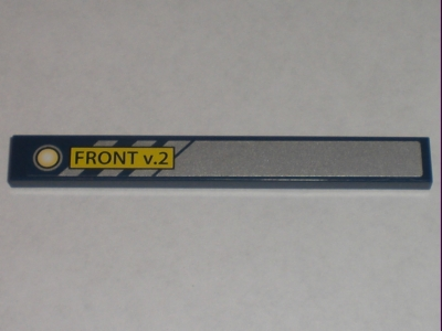 Lego Tile 1 x 8 with 'FRONT v.2' on Yellow Rectangle, Silver Diagonal Stripes and Background Pattern Model Left Side (Sticker) - Set 8971