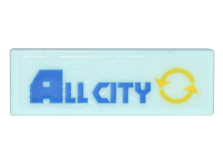 Lego Tile 1 x 3 with Blue 'ALL CITY' and Yellow Recycling Arrows Symbol Pattern (Sticker) - Set 70620