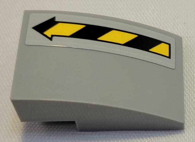 Lego Slope, Curved 3 x 2 with Black and Yellow Danger Stripes Arrow Pattern Model Left Side (Sticker) - Set 21331 / Light Bluish Gray