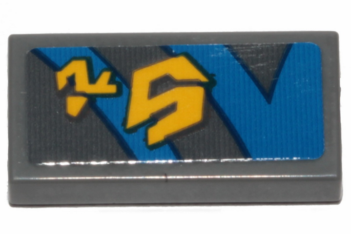 Lego Tile 1 x 2 with Yellow Markings and Blue Curved and Straight Lines with Black Outline on Dark Bluish Gray Background Pattern Model Right Side (Sticker) - Set 75258 / Dark Bluish Gray
