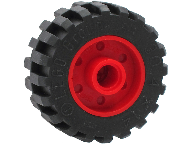 Lego Wheel 18mm D. x 14mm with Pin Hole, Fake Bolts and Shallow Spokes with Black Tire 30.4 x 14 Offset Tread - Band Around Center of Tread (55981 / 92402)