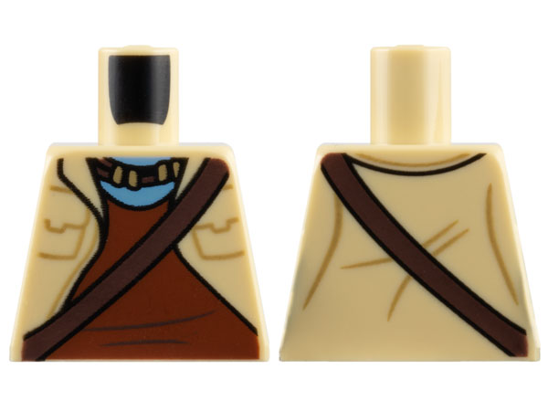 Lego Torso Na'vi Vest Open with Pockets over Reddish Brown Shirt, Dark Brown Strap and Necklace, Medium Blue Neck Pattern