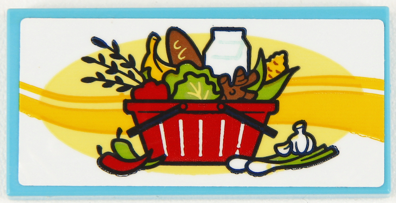 Lego Tile 2 x 4 with Bread, Banana, Corn, Lettuce, Ginger and Milk in Red Basket, Yellow Stripe and Bright Light Yellow Oval on White Background Pattern (Sticker) - Set 41704