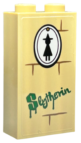 Lego Brick 1 x 2 x 3 with White Oval Painting with Black Witch Silhouette, Medium Nougat Mortar and Green 'Slytherin' Graffiti Pattern (Sticker) - Set 76423