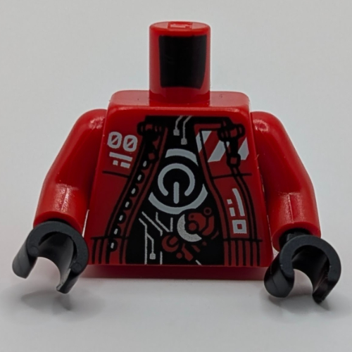 Lego Torso, Jacket, White Decoration, On/Off Button on Chest, Silver Circuitry on Black Shirt Print, Red Arms, Black Hands / Red
