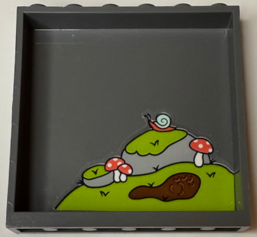 Lego Panel 1 x 6 x 5 with Light Bluish Gray Rocks, Lime Moss, Reddish Brown Mud Puddle with Paw Print, Coral and White Mushrooms / Toadstools and Snail with Light Aqua Shell Pattern (Sticker) - Set 41423