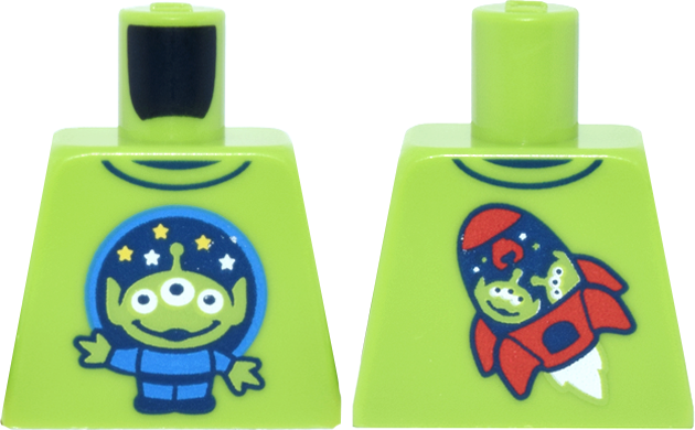 Lego Torso Shirt with Dark Blue Trim and Dark Azure Circle, Stars and Toy Story Alien, Red Rocket on Back Pattern