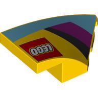 Lego Brick Wedged, Curved 4 x 2 with Stud Notch Right with LEGO logo, Medium Azure/Black/Magenta Shapes Print