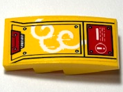 Lego Slope, Curved 4 x 2 with Armor Plates, White Swirls, Lines and Exclamation Mark in Circle on Red Warning Sign Pattern Model Left Side (Sticker) - Set 80013