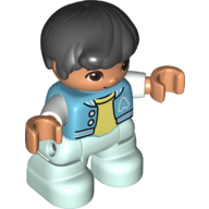 Lego Duplo Figure Child, Hair Combed Forward with Curl Black, Light Aqua Legs, Bright Light Yellow Under Shirt, Jacket Print