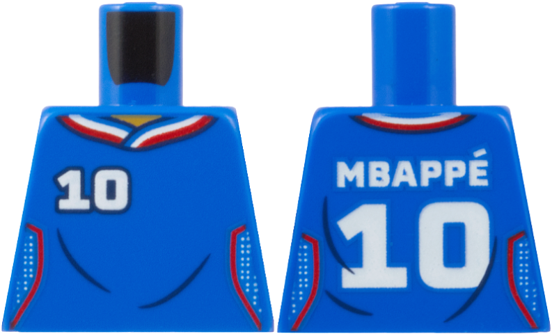 Lego Torso Soccer / Football Jersey France, Red Trim, White Mesh, '10' and 'MBAPPÉ' {MBAPPE} Pattern / Blue