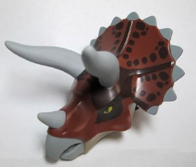 Lego Animal Body Part, Dinosaur, Triceratops Head with Light Bluish Gray Horns and Reddish Brown Top with Dark Brown Print / Dark Tan