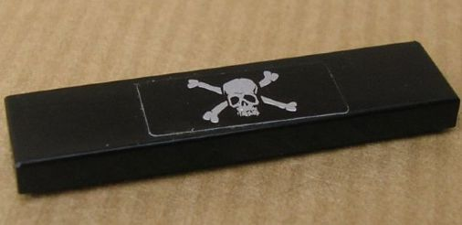 Lego Tile 1 x 4 with Skull and Crossbones Pattern (Sticker) - Set 8135 / Black