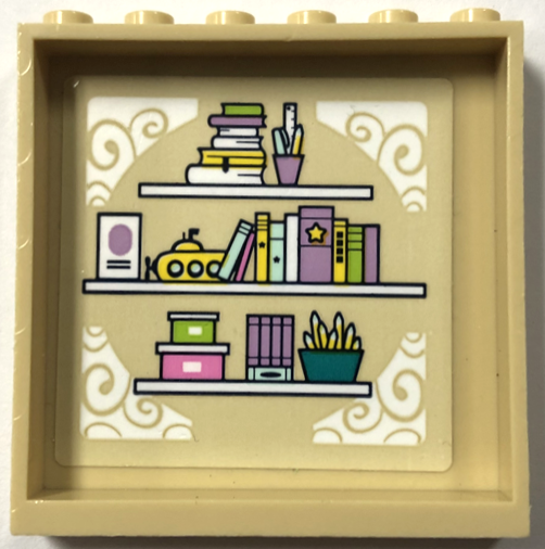 Lego Panel 1 x 6 x 5 with Books, Submarine, and Pencils in Pots on Shelves Pattern (Sticker) - Set 41711 / Tan