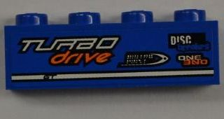 Lego Brick 1 x 4 with 'TURBO drive', 'DISC breakers' and 'ONE' Pattern Model Left Side (Sticker) - Set 8197 / Blue