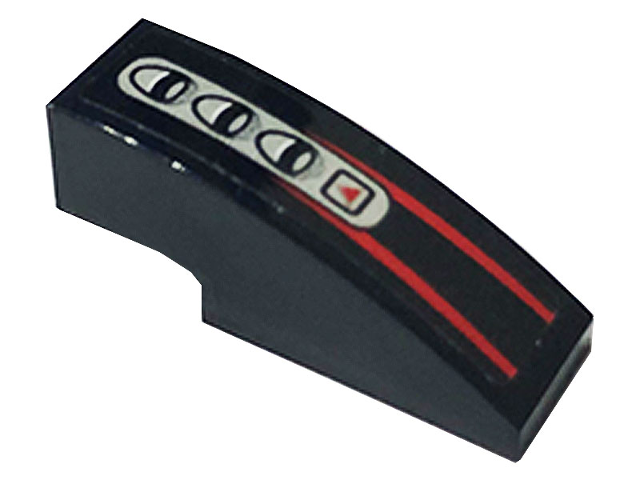 Lego Slope, Curved 3 x 1 with Red Stripes and Car Control Panel Pattern (Sticker) - Set 76895 / Black