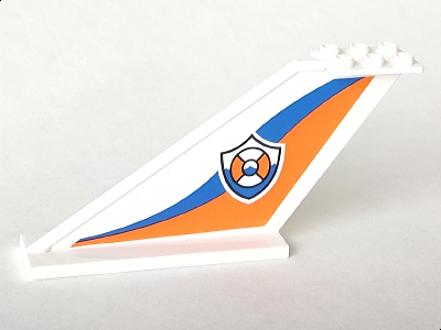 Lego Tail 12 x 2 x 5 with Coast Guard Logo and Blue and Orange Waves Pattern on Both Sides (Stickers) - Set 60166 / White