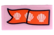 Lego Tile 1 x 2 with Coral Ribbon Banner and 3 White Clam Shells Pattern (Sticker) - Set 41414 / Bright Pink