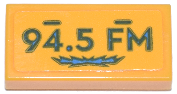 Lego Tile 1 x 2 with License Plate Dark Turquoise and Blue '94.5 FM' Pattern (Sticker) - Set 11370 / Bright Light Orange
