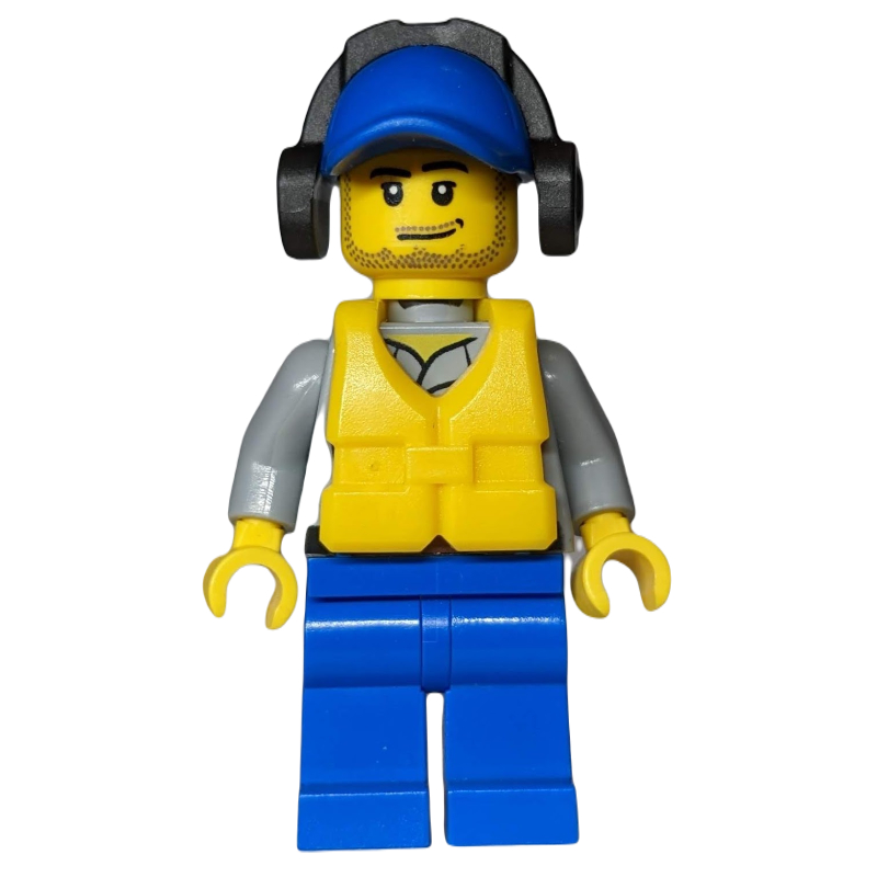 Lego Coast Guard, Light Bluish Gray Shirt with Badge, Blue Cap, Ear Defenders, Yellow Life Vest, Stubble