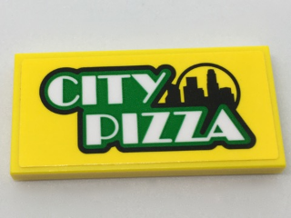 Lego Tile 2 x 4 with 'CITY PIZZA' and Skyline Pattern (Sticker) - Set 60150 / Yellow