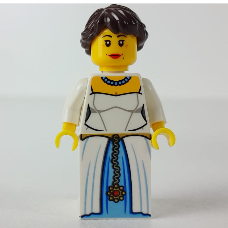 Lego Woman, White Dress with Necklace, Dark Brown Hair