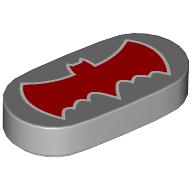 Lego Tile Round 1 x 2 with Red Batman Logo Print / Light Bluish Gray